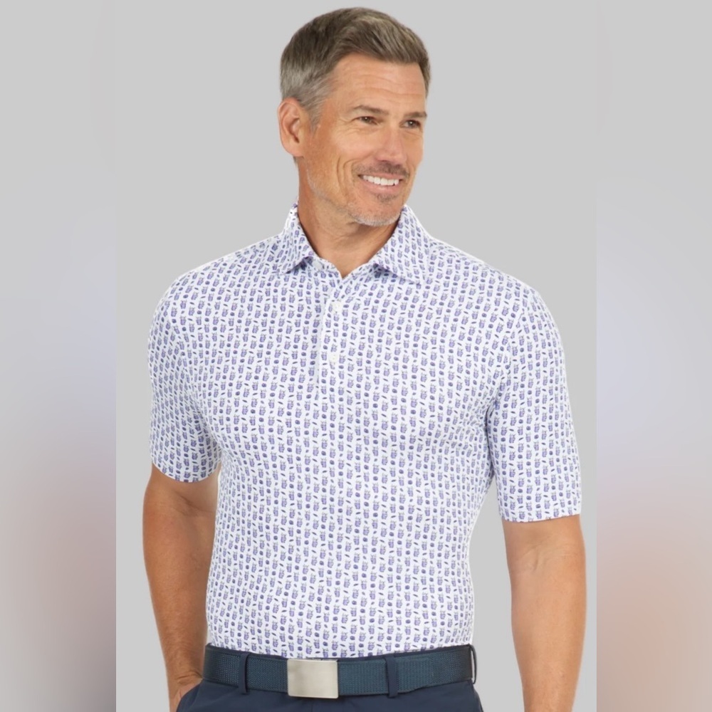 IBKUL Men’s Beer & Pretzels Lavender Print Short Sleeve Polo Modern Fit Sz M